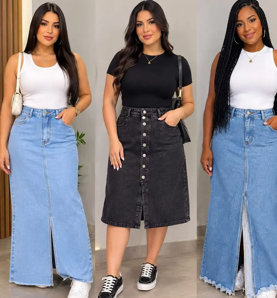 Saias jeans longas e midi em três lavagens
