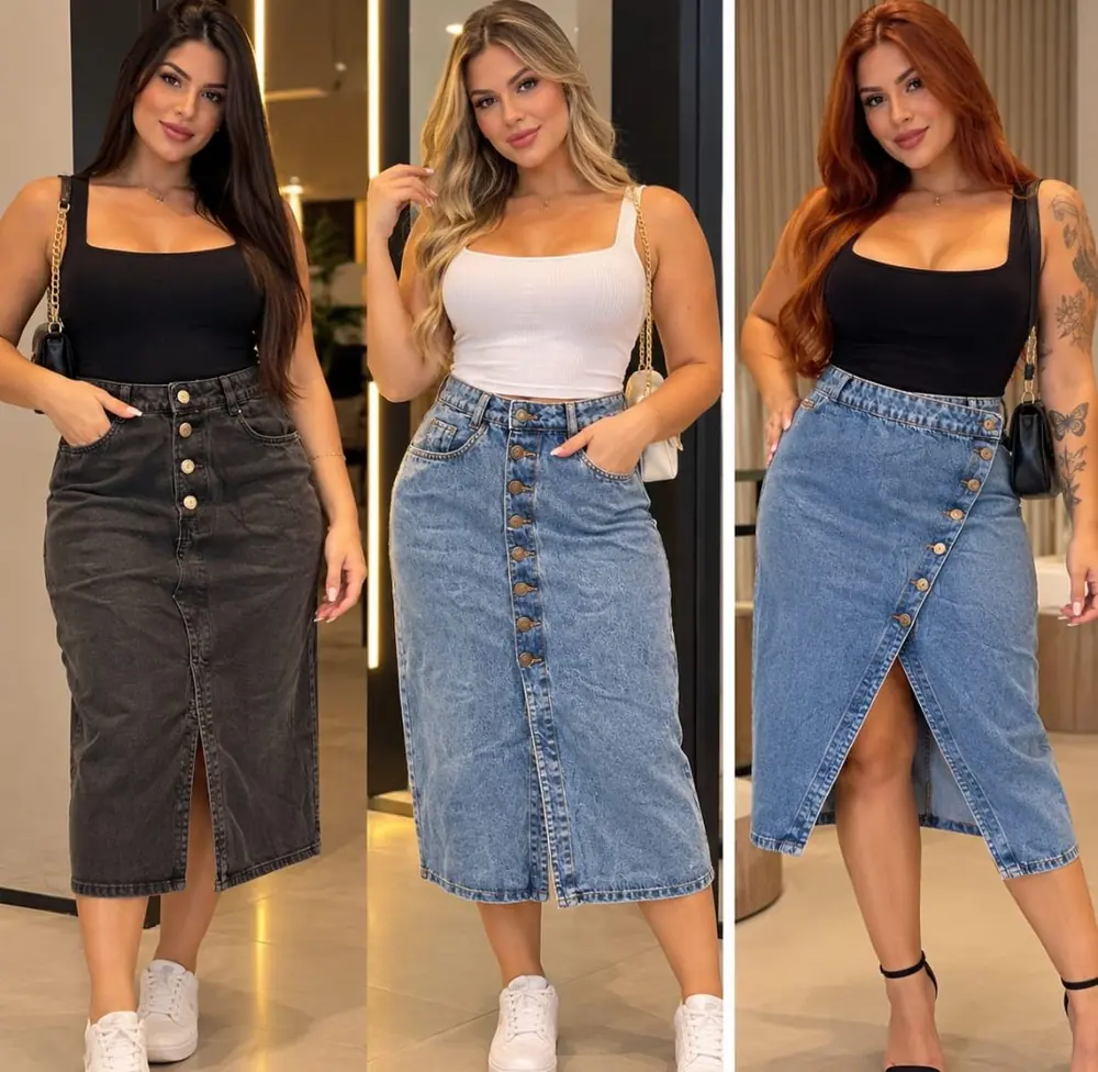Três saias jeans midi com botões